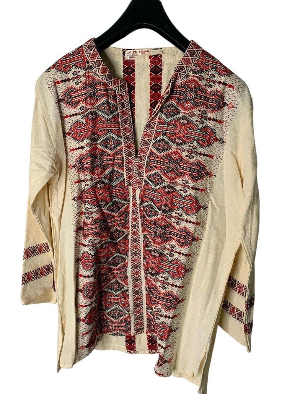 Vintage 70's M. De Sigoura Greece 100% cotton embroidered pullover tunic size 3